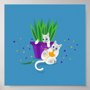Twee Geometrische witte katten die ronddraaien Poster