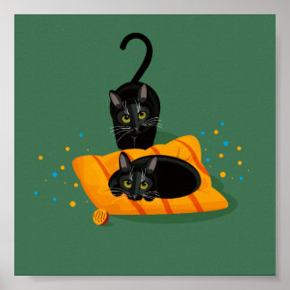 Twee geometrische zwarte katten die één op het kus poster