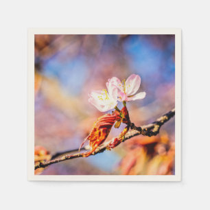 Twee geweldige Sakura Flowers. Roze, blauwe achter Servet
