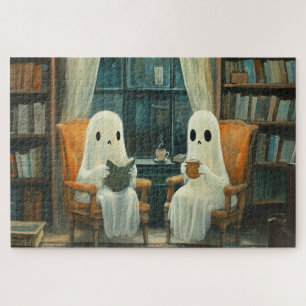 Twee gezellige geesten die in een bibliotheek leze legpuzzel