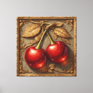 Twee glanzende rode kersen met gouden bladeren canvas afdruk
