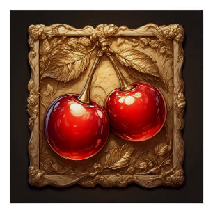 Twee glanzende rode kersen met gouden bladeren perfect poster