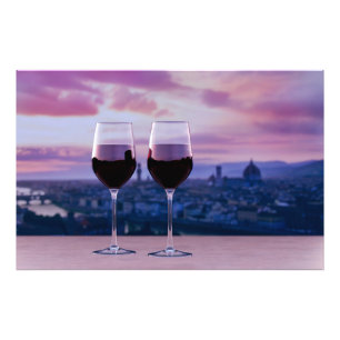 Twee glazen rode wijn op Florence skyline Foto Afdruk