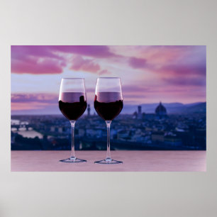 Twee glazen rode wijn op Florence skyline Poster