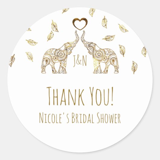 Twee gouden olifanten & herfstbladeren trouwgunst ronde sticker (Voorkant)