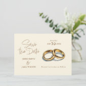 Twee gouden trouwringen bewaren de datum save the date (Staand voorkant)