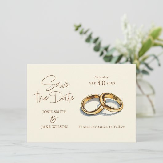 Twee gouden trouwringen bewaren de datum save the date (Staand voorkant)