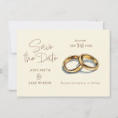 Twee gouden trouwringen bewaren de datum save the date (Voorkant)