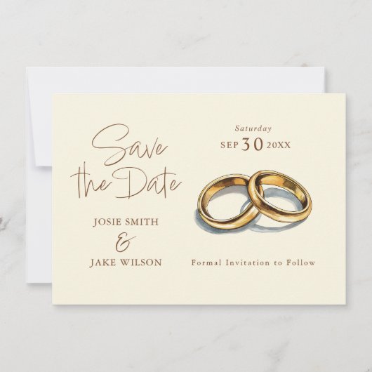 Twee gouden trouwringen bewaren de datum save the date (Voorkant)
