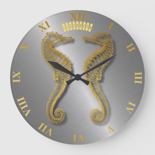 Twee gouden zeepaardjes 3d met schaduwen grote klok (Voorkant)