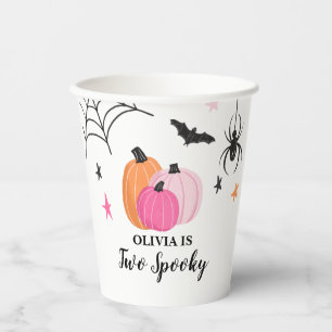 Twee griezelige Halloween ROZE Pompoenen Verjaarda Papieren Bekers