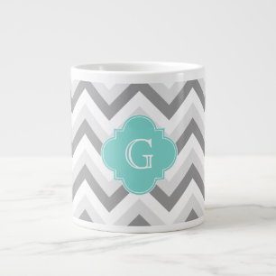 Twee grijze witte Chevron Aqua Monogram Extra Grote Mok