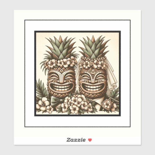 Twee Grooms Gay Ananas Tiki Hoofd Retro Bruiloft Sticker (Vel)