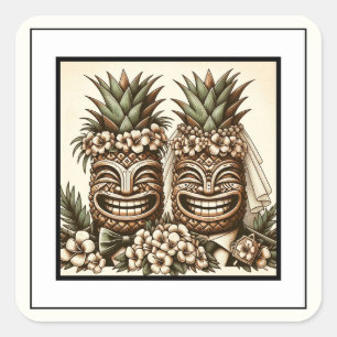 Twee Grooms Gay Ananas Tiki Hoofd Retro Bruiloft Vierkante Sticker