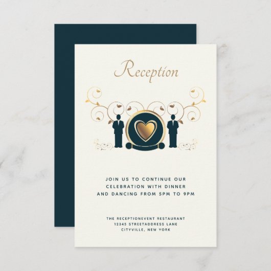 Twee Grooms Mannelijke Trouwcrème Blauw LGBTQ Ontv Informatiekaartje (Voorkant / Achterkant)