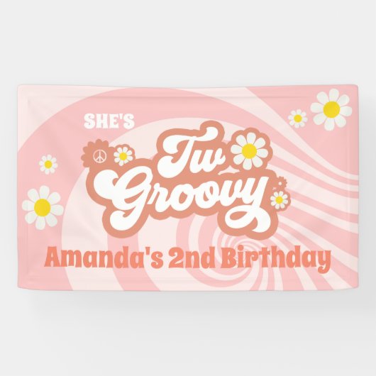 Twee Groovy 2e verjaardag van de Retro Daisy Spandoek (Horizontaal)