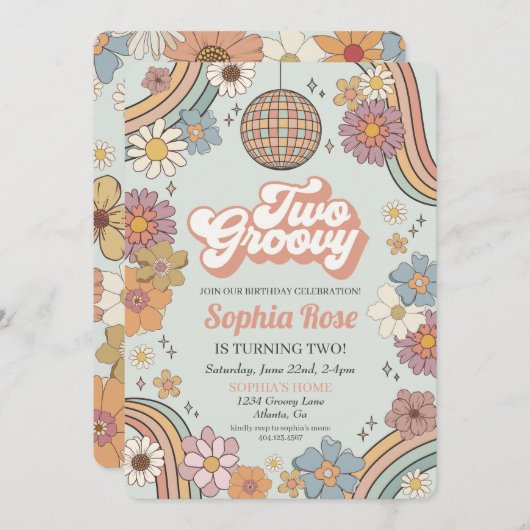 Twee Groovy Bloem 2e verjaardag 70er retro uitnodi (Voorkant / Achterkant)
