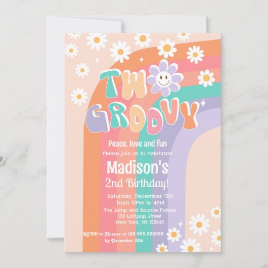 Twee Groovy Boho Daisy 2e verjaardag Uitnodigingen (Voorkant)
