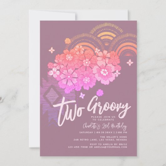 Twee Groovy Boho Floral Retro 2e verjaardag Kaart (Voorkant)
