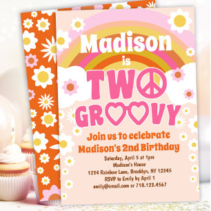 TWEE Groovy Daisy Flower 2e verjaardag uitnodiging