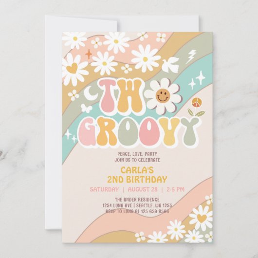 Twee Groovy Daisy Hippie 70's Retro Verjaardag Kaart (Voorkant)