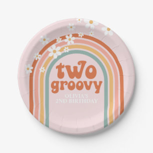 Twee groovy madeliefjes boho bloemrijke regenboog  papieren bordje