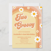 Twee Groovy Oranje Retro Daisy 2e Verjaardagsfeest Kaart (Voorkant)