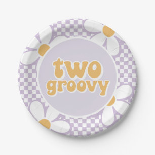 Twee Groovy Paarse Daisy Checker Papieren Bordje