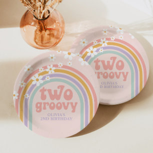 twee Groovy Pastel regenboog 2de verjaardag Papieren Bordje