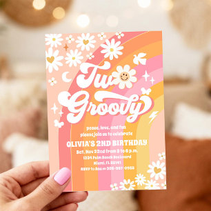 Twee Groovy Retro 2e Verjaardagsuitnodiging Kaart
