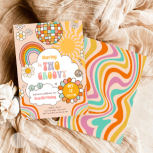 Twee Groovy Retro 70s Regenboog Meisje 2e Verjaard Kaart