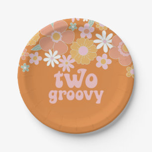 Twee Groovy Retro Bloem 2de verjaardag Papieren Bo Bordje