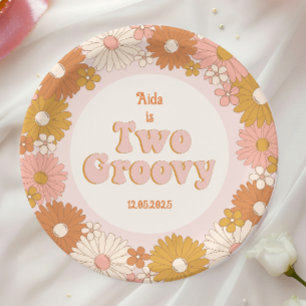 Twee Groovy Retro Bloemen Papieren Bordje