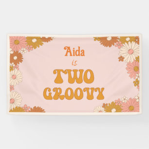 Twee Groovy Retro Bloemen Roze & Oranje Achtergron Spandoek