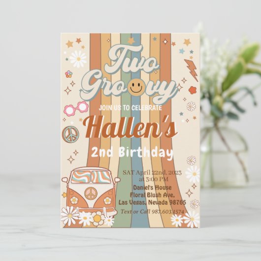 Twee Groovy Retro Boho Daisy Rainbow 2e verjaardag Kaart (Staand voorkant)