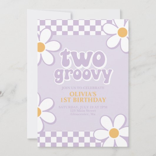 Twee Groovy Retro Check Lila Daisy Kaart (Voorkant)