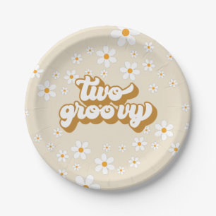 Twee Groovy Retro Daisy 2de Verjaardag Papieren Bo Bordje