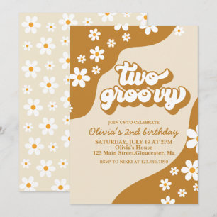 Twee Groovy Retro Daisy 2de verjaardagsuitnodiging Kaart