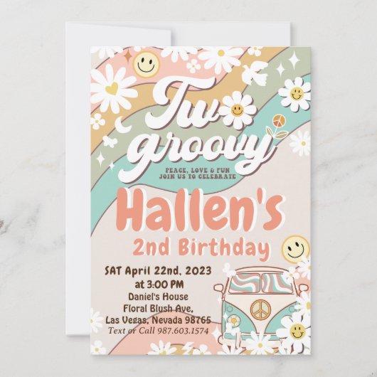 Twee Groovy Retro Daisy Rainbow 2e verjaardag Kaart (Voorkant)