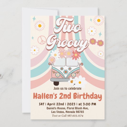 Twee Groovy Retro Daisy Rainbow 2e verjaardag Kaart (Voorkant)