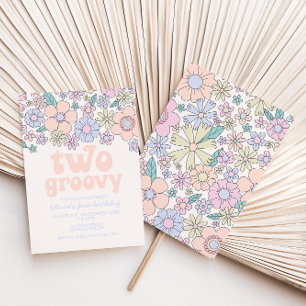 Twee Groovy Retro Floral 2e verjaardag Uitnodiging