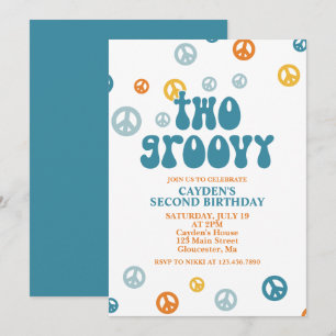 Twee Groovy Retro Jongen 2e Verjaardagsuitnodiging Kaart