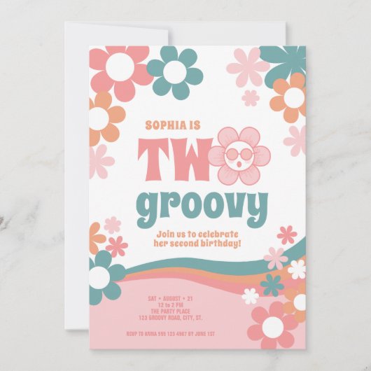 Twee Groovy Retro Meisje 2e verjaardag Uitnodiging (Voorkant)