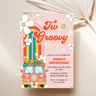 Twee Groovy Retro Rainbow 2e Birthday Uitnodiging