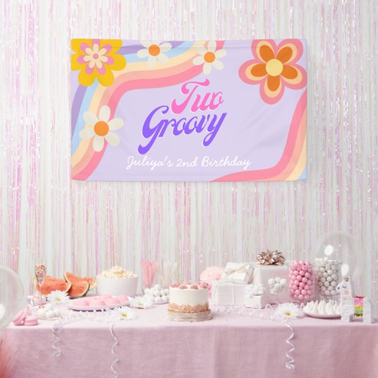 Twee Groovy Retro Rainbow 2e verjaardag Spandoek (Feest)
