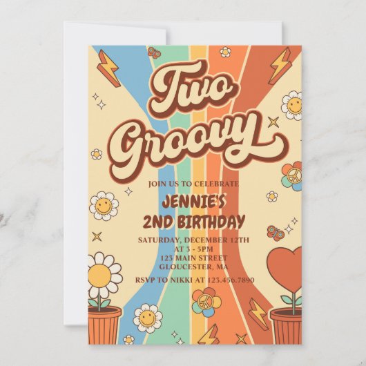 Twee Groovy Retro Rainbow 2e verjaardagsfeestje Kaart (Voorkant)