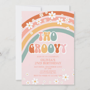 Twee Groovy Retro Rainbow daisy Birthday Uitnodigi Kaart