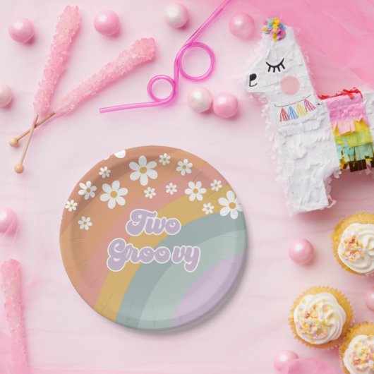 Twee Groovy Retro Rainbow Papieren Bordje (Feest)