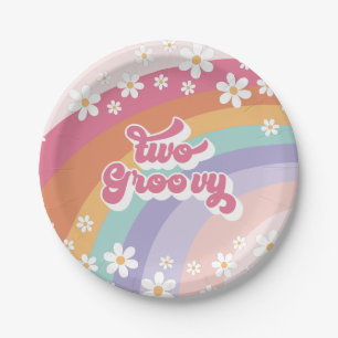 Twee Groovy Retro Regenboog 2de Verjaardag Papieren Bordje