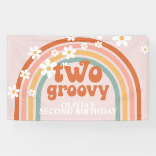 Twee Groovy Retro Regenboog Madelief Verjaardagsba Spandoek